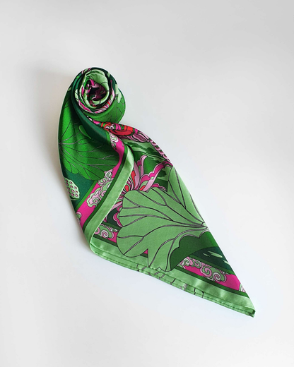 Lotus Serenade Silk Square Scarf / Green & Pink