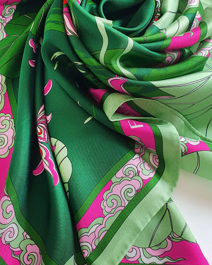 Lotus Serenade Silk Square Scarf / Green & Pink