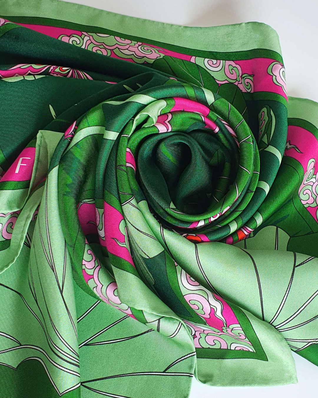 Lotus Serenade Silk Square Scarf / Green & Pink