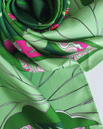 Lotus Serenade Silk Square Scarf / Green & Pink