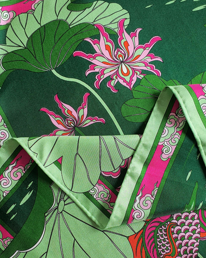 Lotus Serenade Silk Square Scarf / Green & Pink