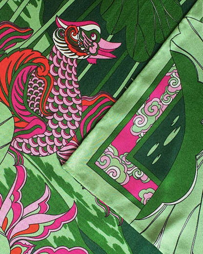 Lotus Serenade Silk Square Scarf / Green & Pink