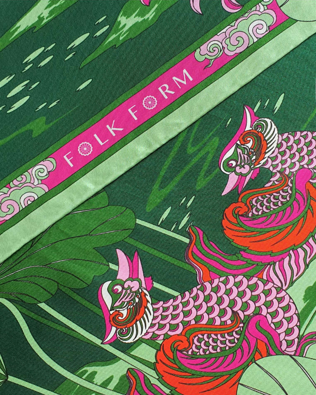 Lotus Serenade Silk Square Scarf / Green & Pink