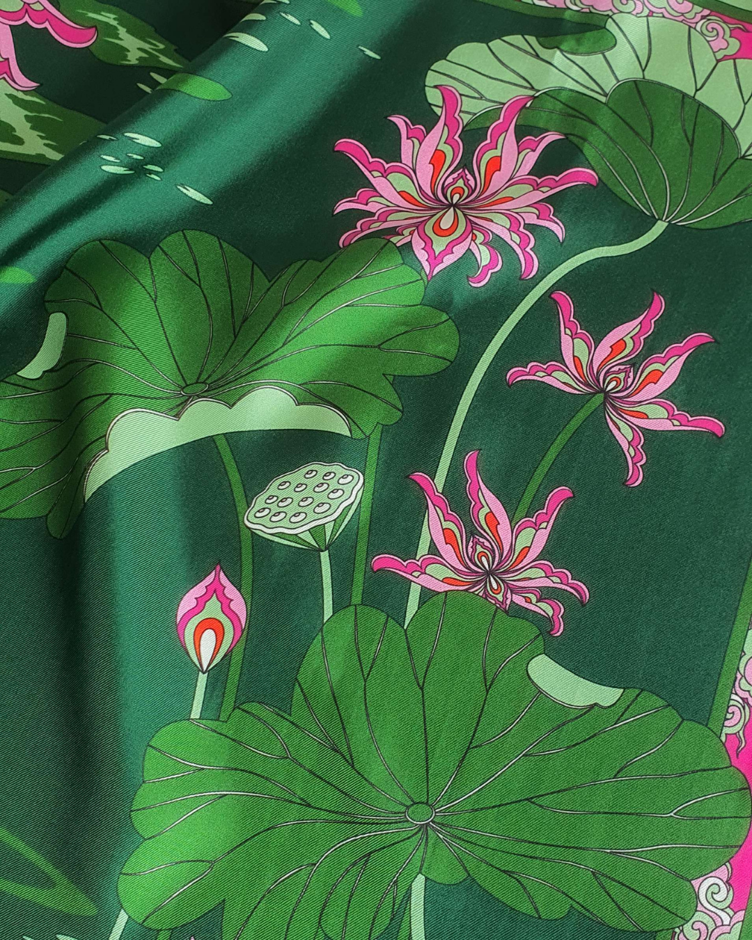 Lotus Serenade Silk Square Scarf / Green & Pink