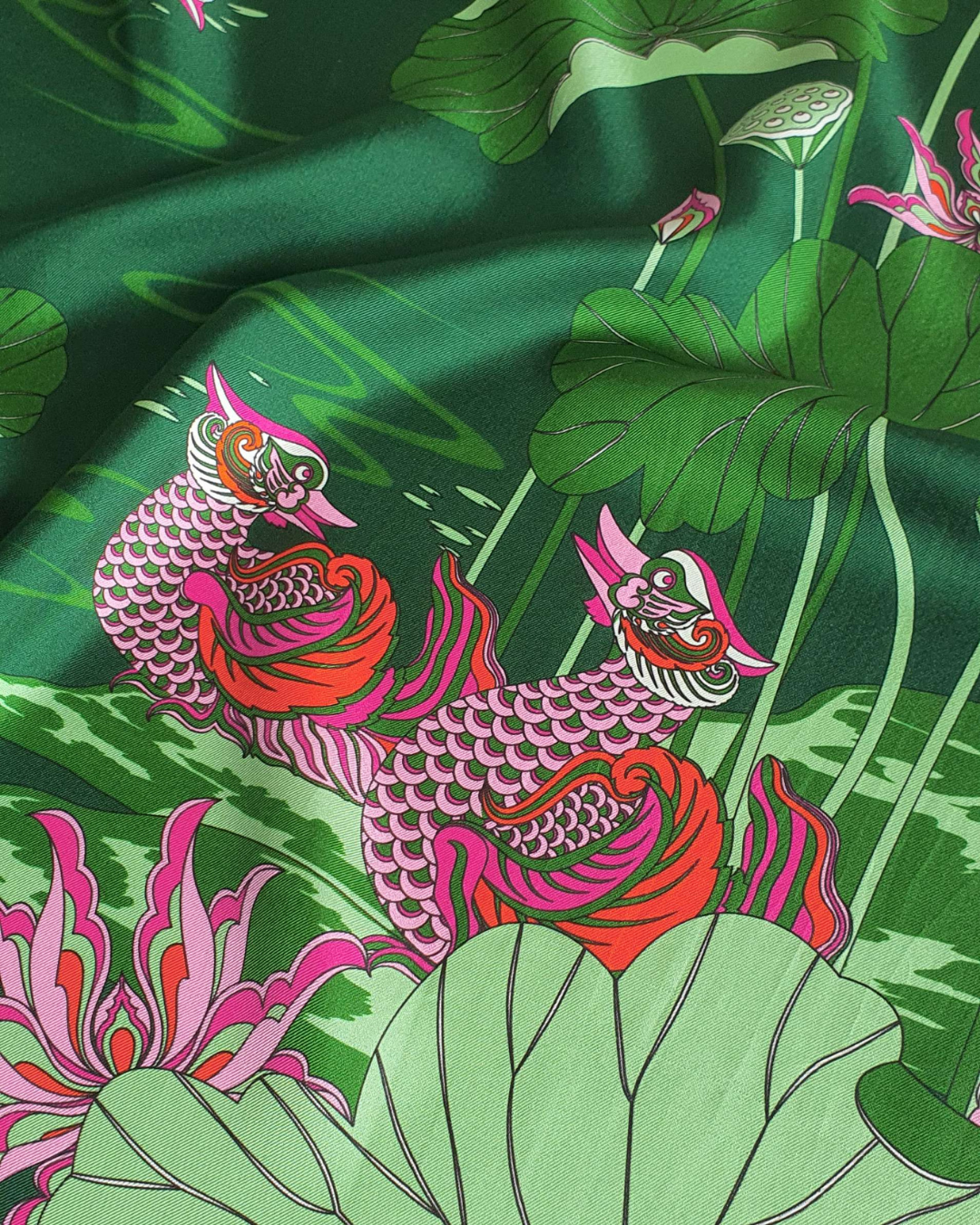 Lotus Serenade Silk Square Scarf / Green & Pink