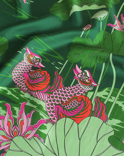 Lotus Serenade Silk Square Scarf / Green & Pink