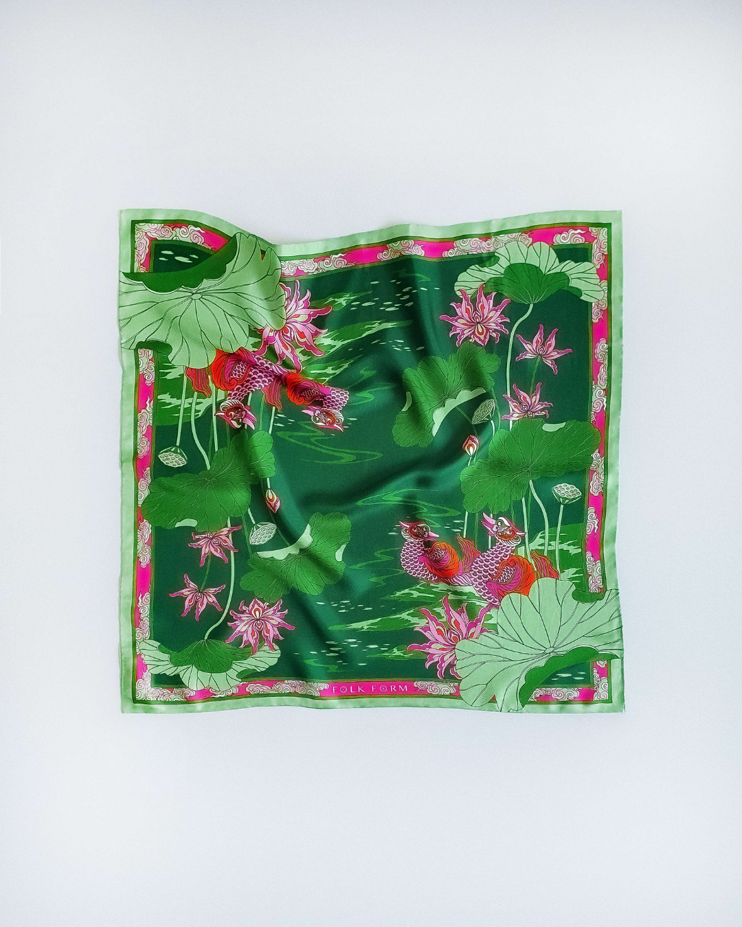 Lotus Serenade Silk Square Scarf / Green & Pink