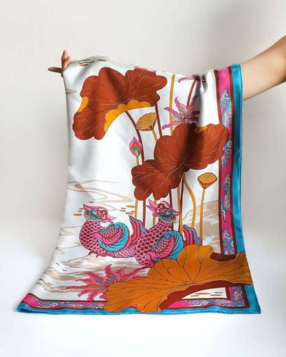 Lotus Serenade Silk Scarf / Brown & Pink