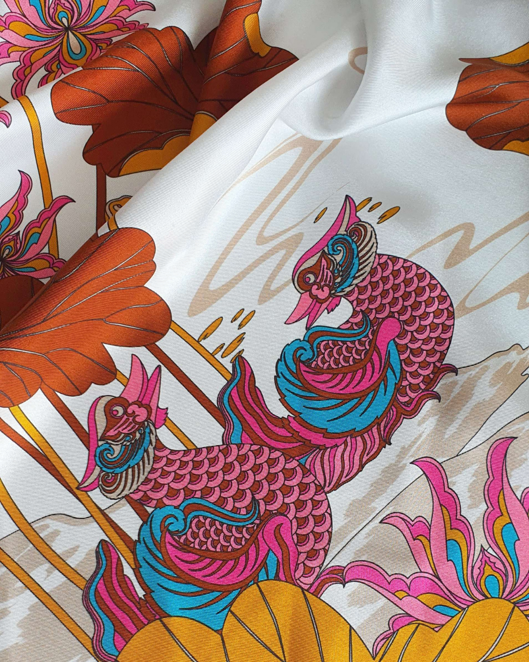 Lotus Serenade Silk Scarf / Brown & Pink