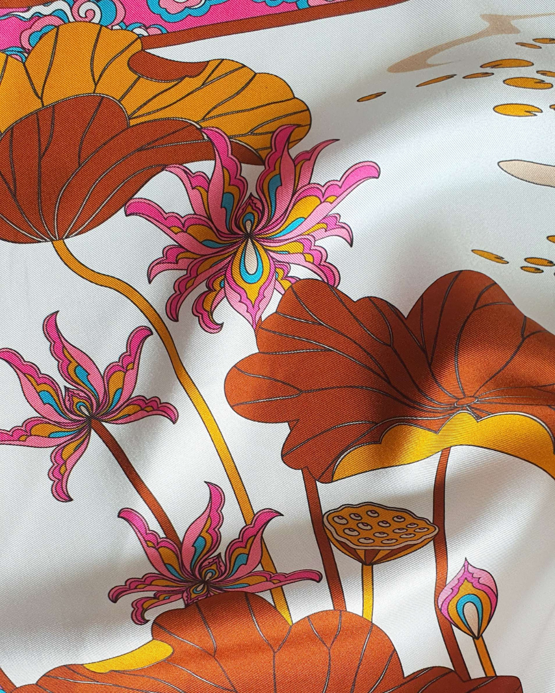 Lotus Serenade Silk Scarf / Brown & Pink