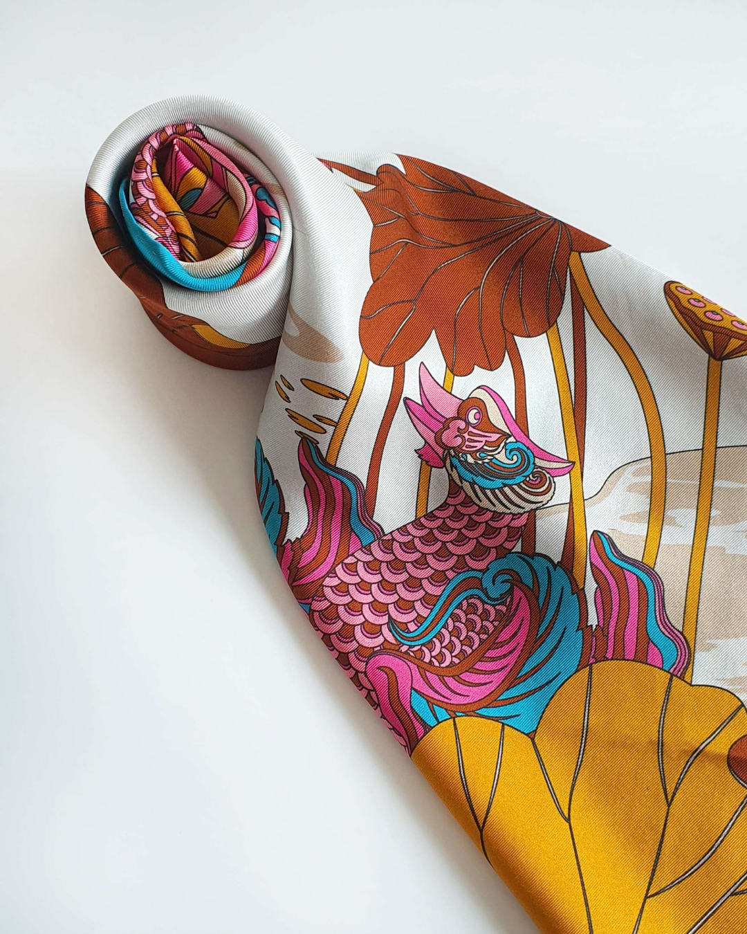 Lotus Serenade Silk Scarf / Brown & Pink