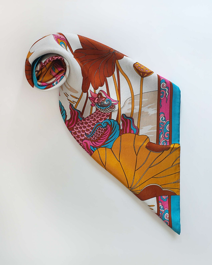 Lotus Serenade Silk Scarf / Brown & Pink