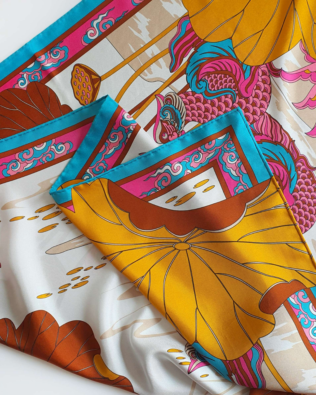 Lotus Serenade Silk Scarf / Brown & Pink