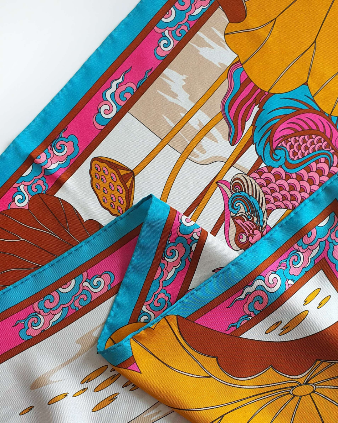 Lotus Serenade Silk Scarf / Brown & Pink