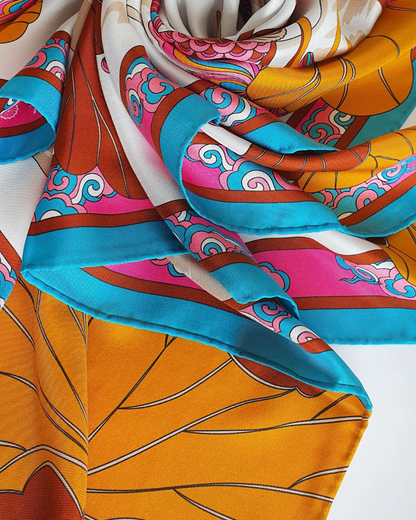 Lotus Serenade Silk Scarf / Brown & Pink