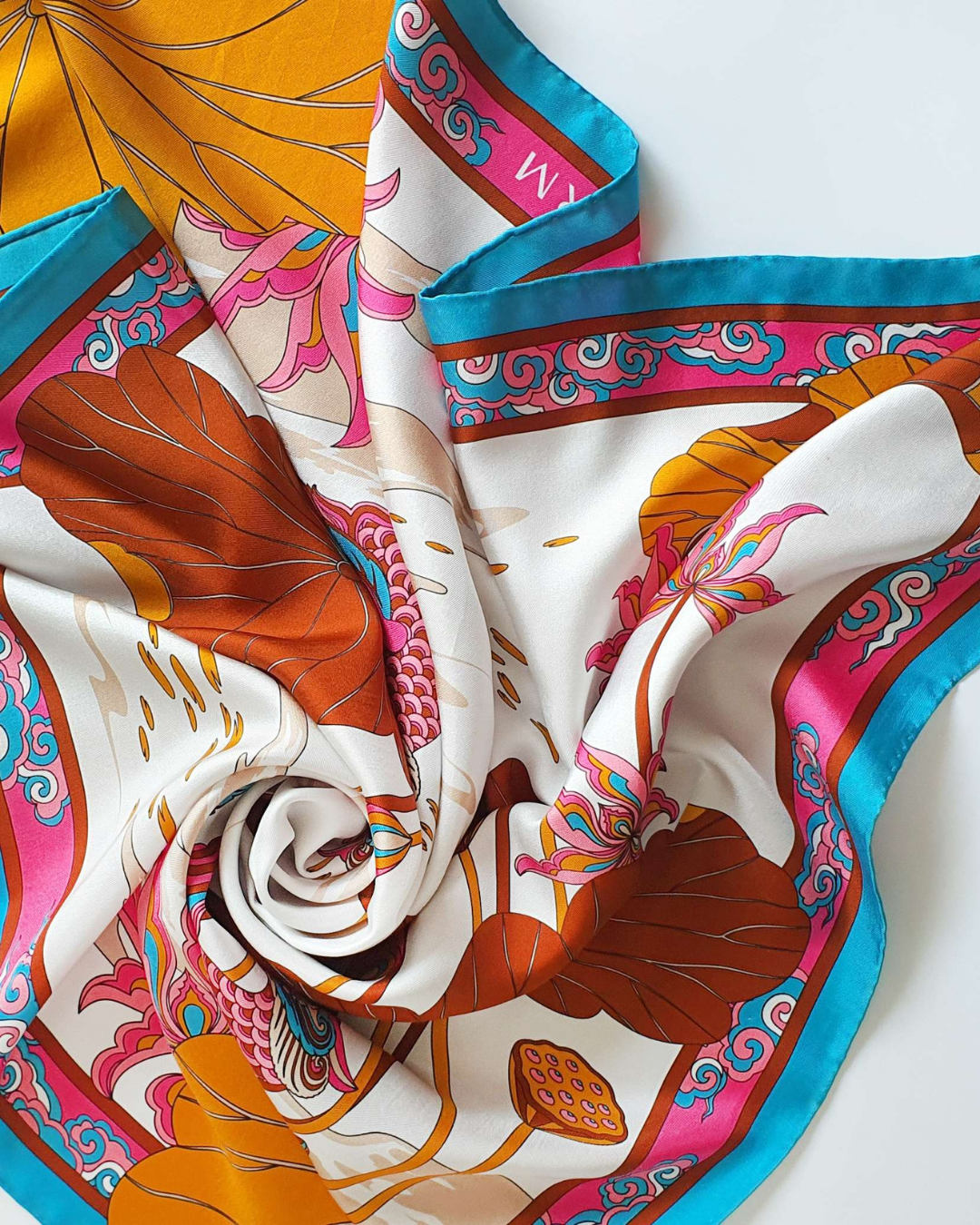Lotus Serenade Silk Scarf / Brown & Pink