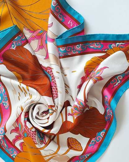 Lotus Serenade Silk Scarf / Brown & Pink