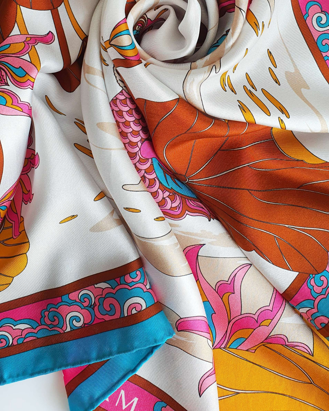 Lotus Serenade Silk Scarf / Brown & Pink