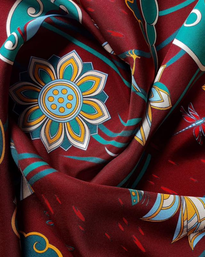 Imperial Lotus Silk Square Scarf / Dark Red