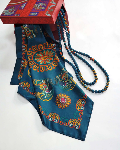 Printed Silk Wrapped Bead Necklace / 110cm / 44in