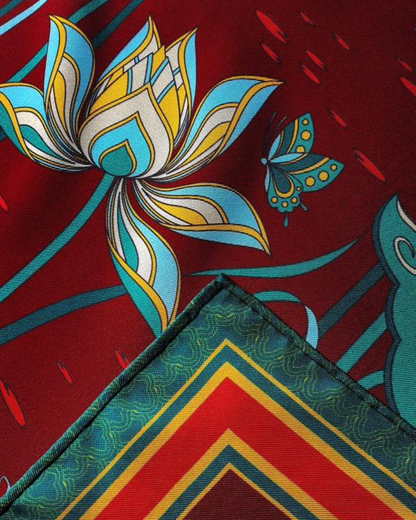 Imperial Lotus Silk Square Scarf / Dark Red