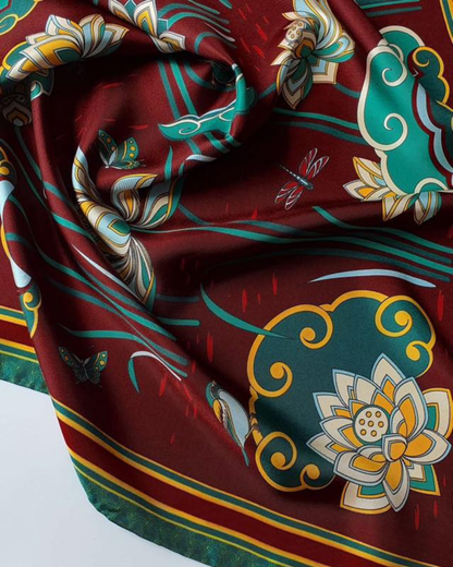 Imperial Lotus Silk Square Scarf / Dark Red