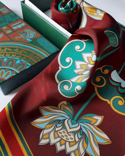 Imperial Lotus Silk Square Scarf / Dark Red