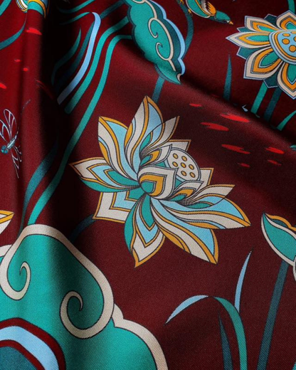 Imperial Lotus Silk Square Scarf / Dark Red