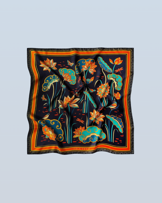 Imperial Lotus Silk Scarf / Black / 55x55cm / 22x22in