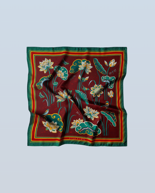 Imperial Lotus Silk Scarf / Dark Red / 55x55cm / 22x22in