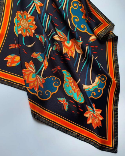 Imperial Lotus Silk Square Scarf / Black