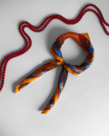 Lotus Serenade Silk Square Scarf / Brown & Blue