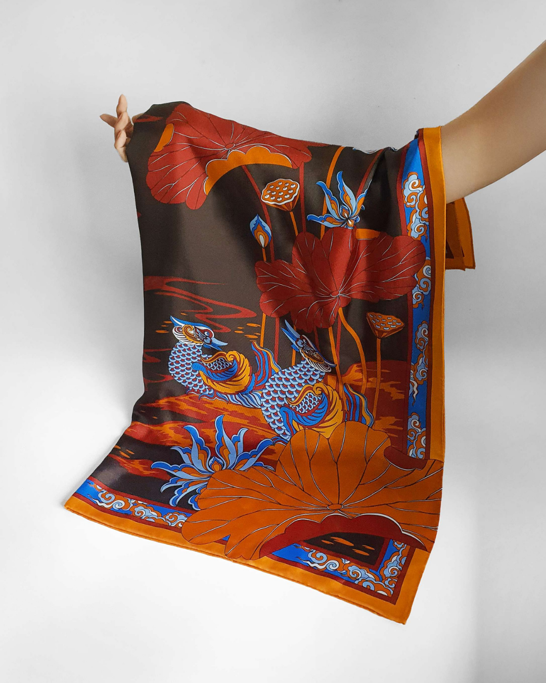 Lotus Serenade Silk Square Scarf / Brown & Blue