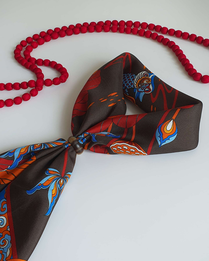 Lotus Serenade Silk Square Scarf / Brown & Blue