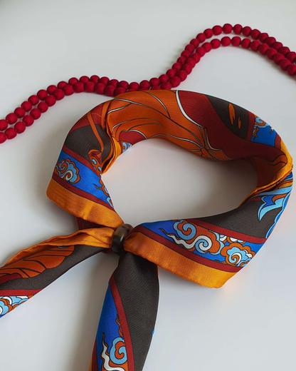 Lotus Serenade Silk Square Scarf / Brown & Blue