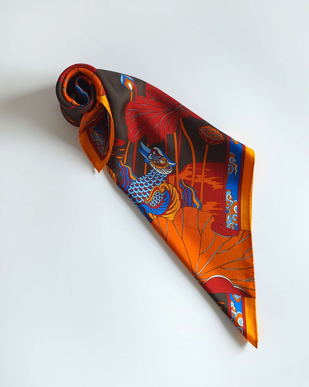 Lotus Serenade Silk Square Scarf / Brown & Blue