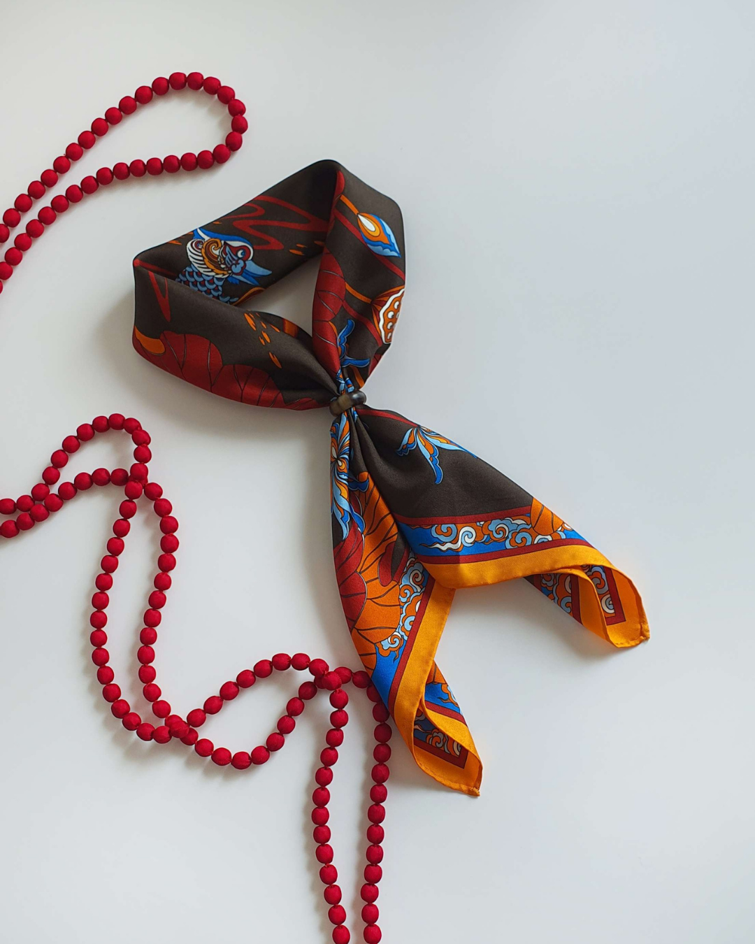 Lotus Serenade Silk Square Scarf / Brown & Blue
