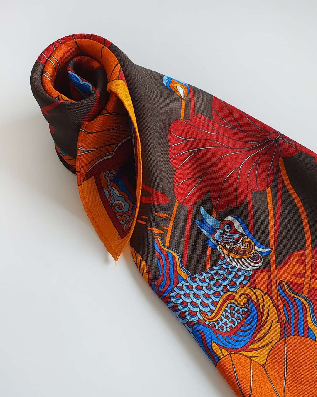 Lotus Serenade Silk Square Scarf / Brown & Blue