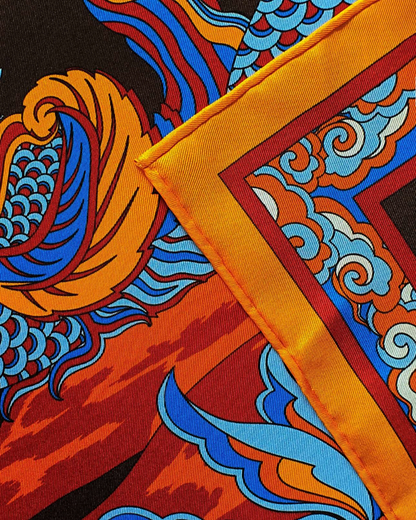 Lotus Serenade Silk Square Scarf / Brown & Blue