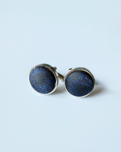 Navy Blue silk jacquard tie and cufflinks set, 3.1 inch wide, view 2