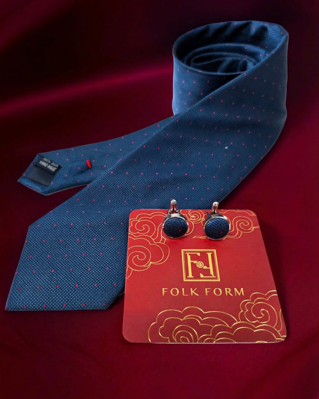 Navy Dot silk jacquard tie and cufflinks set, 3.1 inch wide