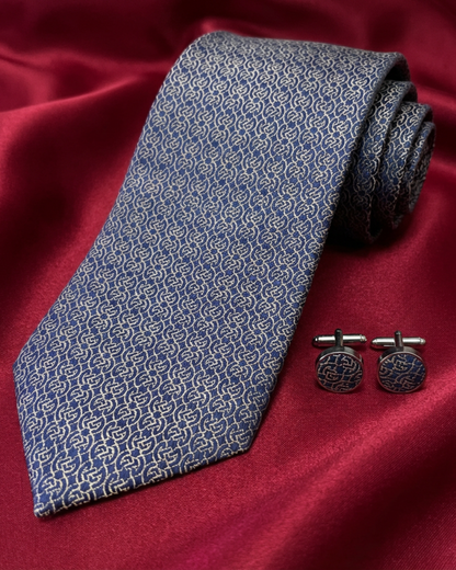 Blue Chain silk jacquard tie and cufflinks set, 3.1 inch wide, view 2
