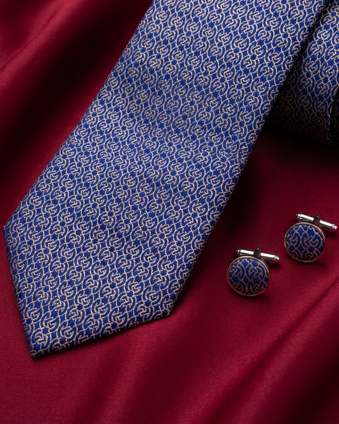 Blue Chain silk jacquard tie and cufflinks set, 3.1 inch wide, view 4