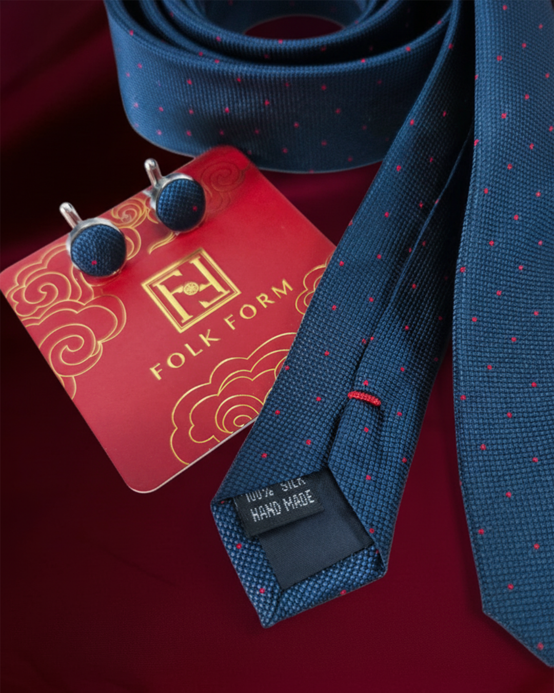 Navy Dot silk jacquard tie and cufflinks set, 3.1 inch wide, view 3