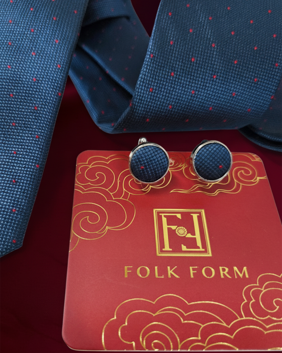 Navy Dot silk jacquard tie and cufflinks set, 3.1 inch wide, view 6