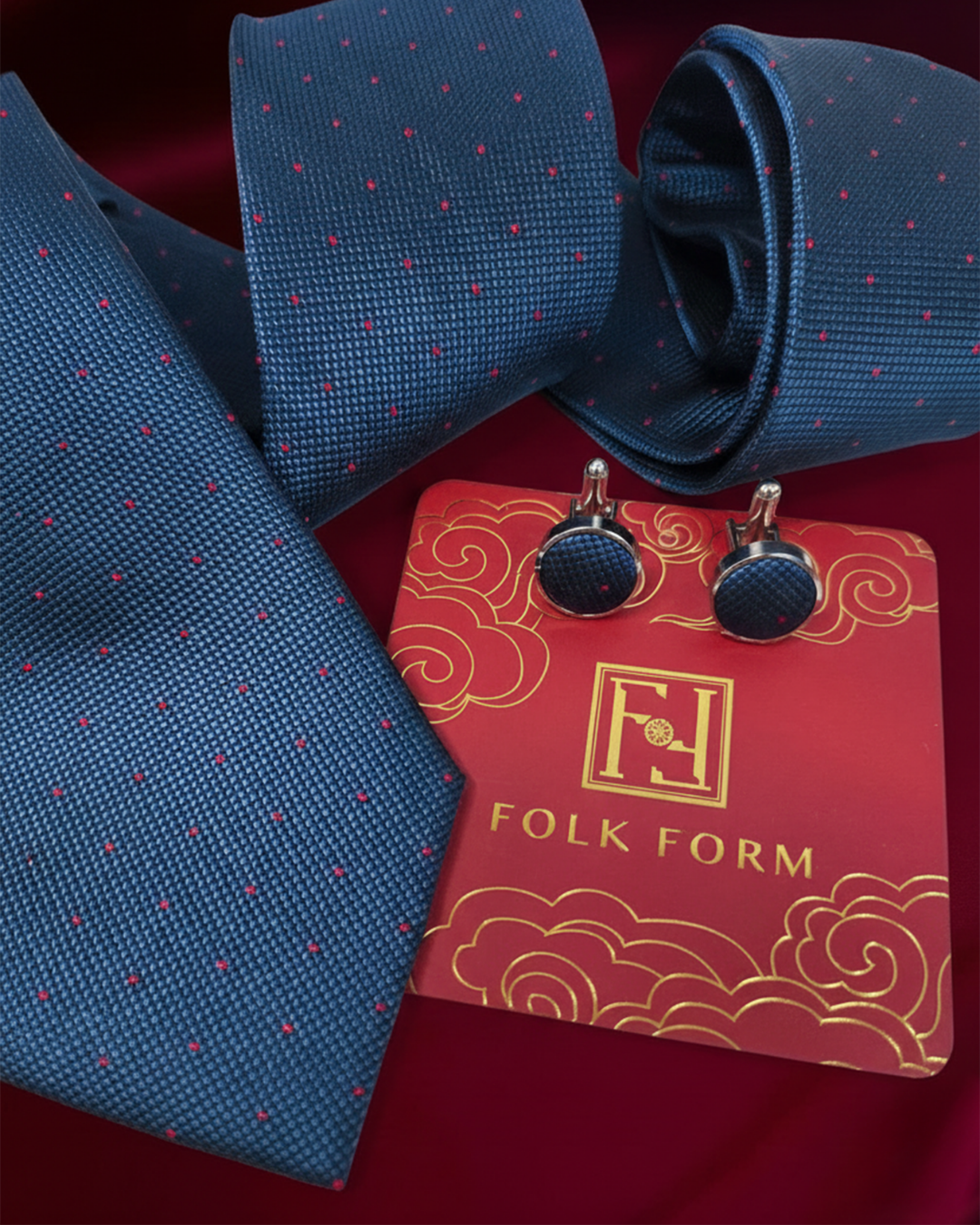 Navy Dot silk jacquard tie and cufflinks set, 3.1 inch wide, view 2