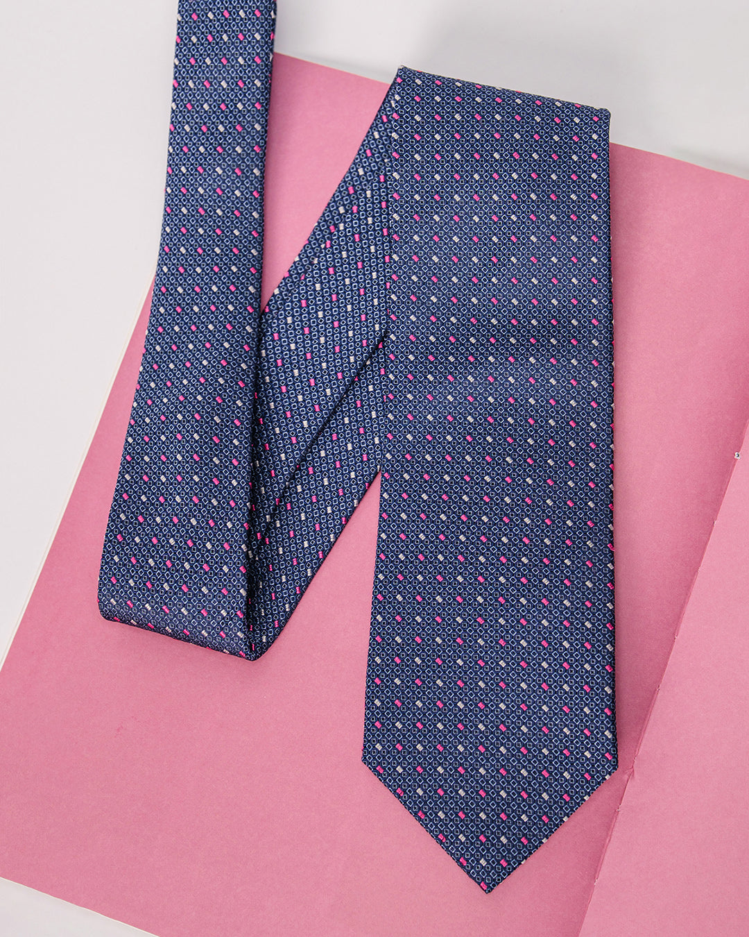 Color Dot Grid Silk Necktie / Dark Blue & Pink / Band 8cm / 3.2in