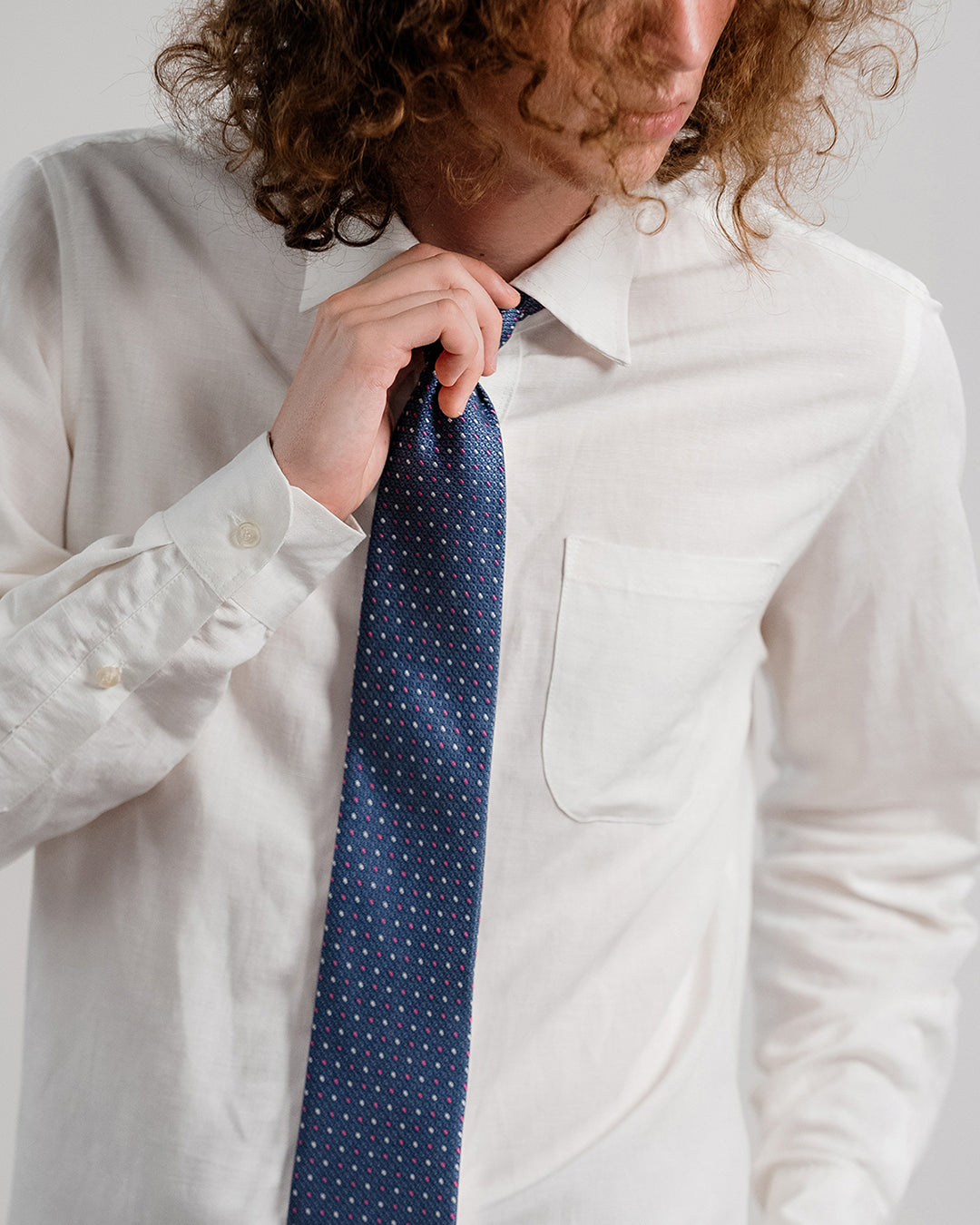 Color Dot Grid Silk Necktie / Dark Blue & Pink / Band 8cm / 3.2in