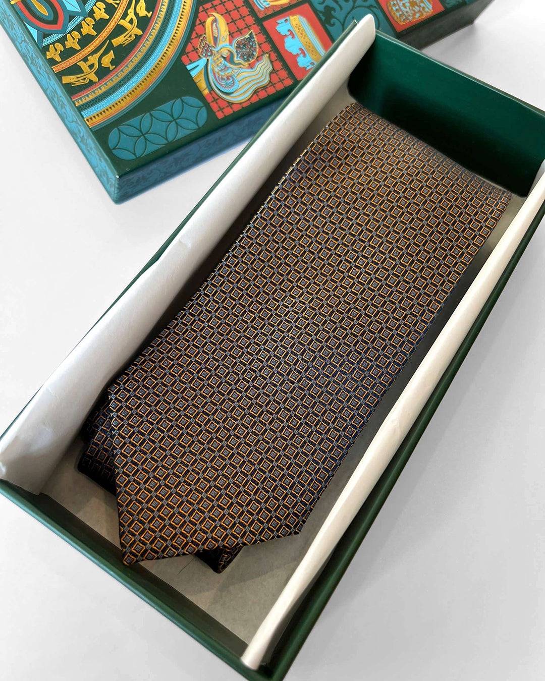 Color Square Pattern Silk Necktie / Dark Beige / Band 8cm / 3.2in