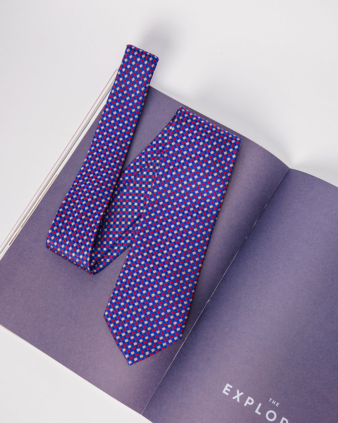 Checkered Silk Necktie / Blue & Red / Band 8cm / 3.2in